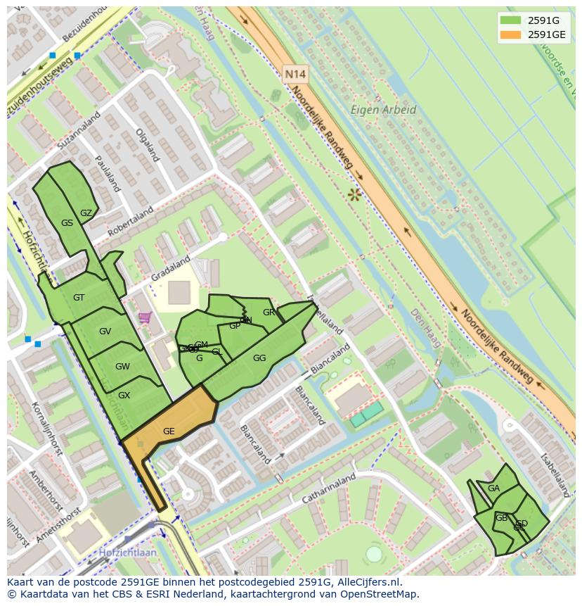 Afbeelding van het postcodegebied 2591 GE op de kaart.
