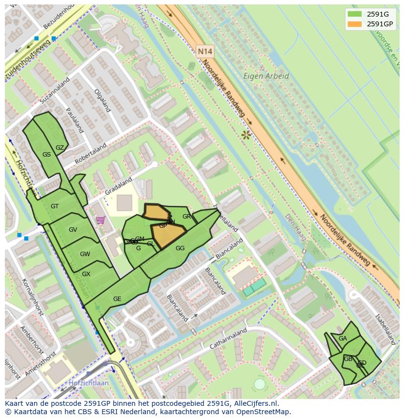 Afbeelding van het postcodegebied 2591 GP op de kaart.