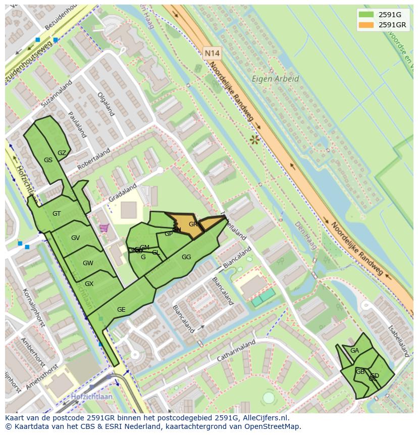 Afbeelding van het postcodegebied 2591 GR op de kaart.