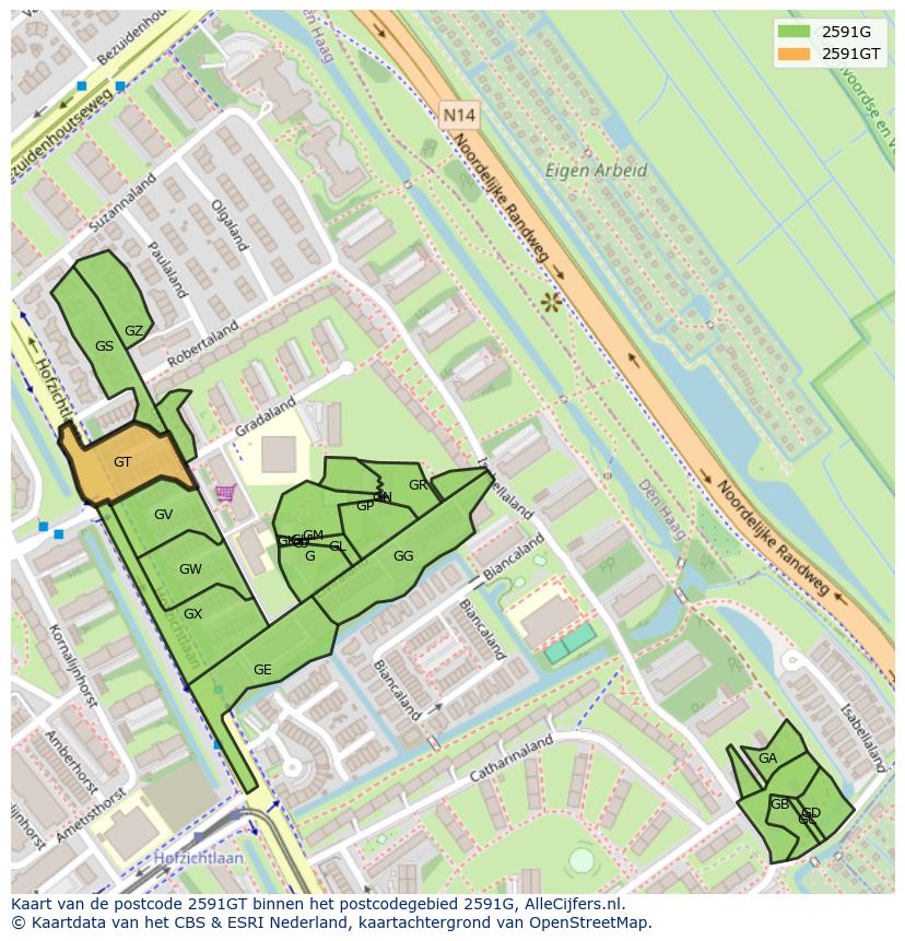 Afbeelding van het postcodegebied 2591 GT op de kaart.