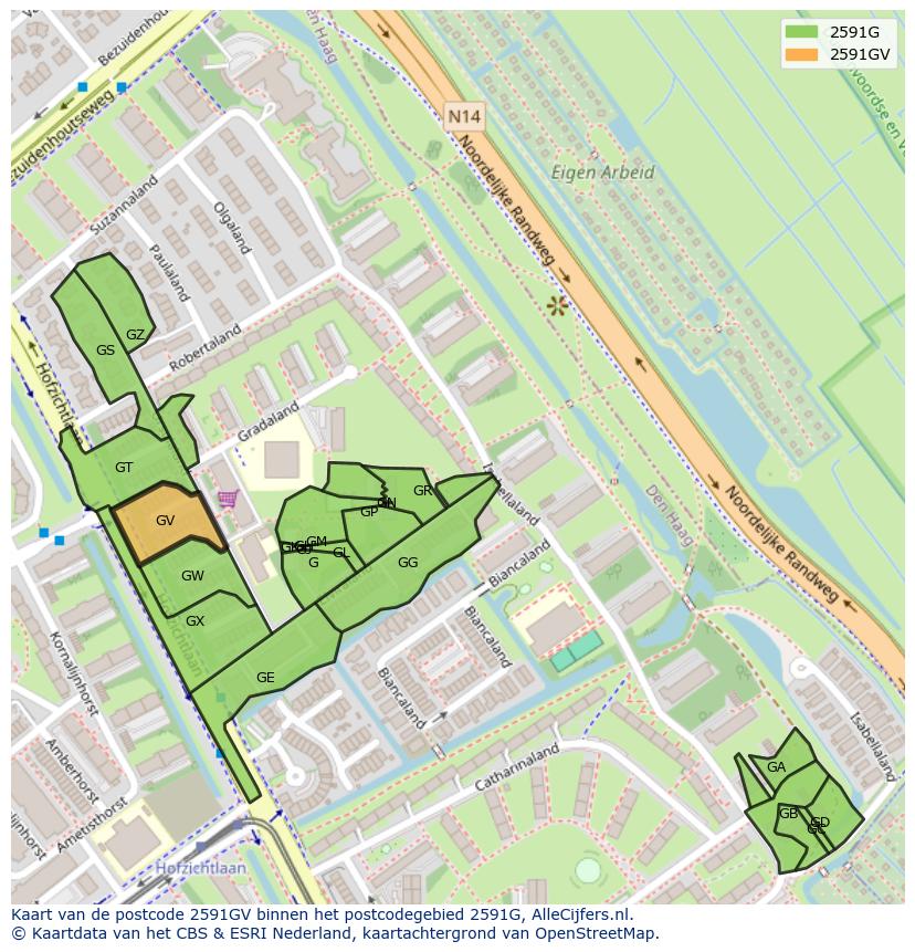 Afbeelding van het postcodegebied 2591 GV op de kaart.
