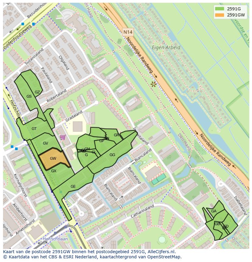 Afbeelding van het postcodegebied 2591 GW op de kaart.