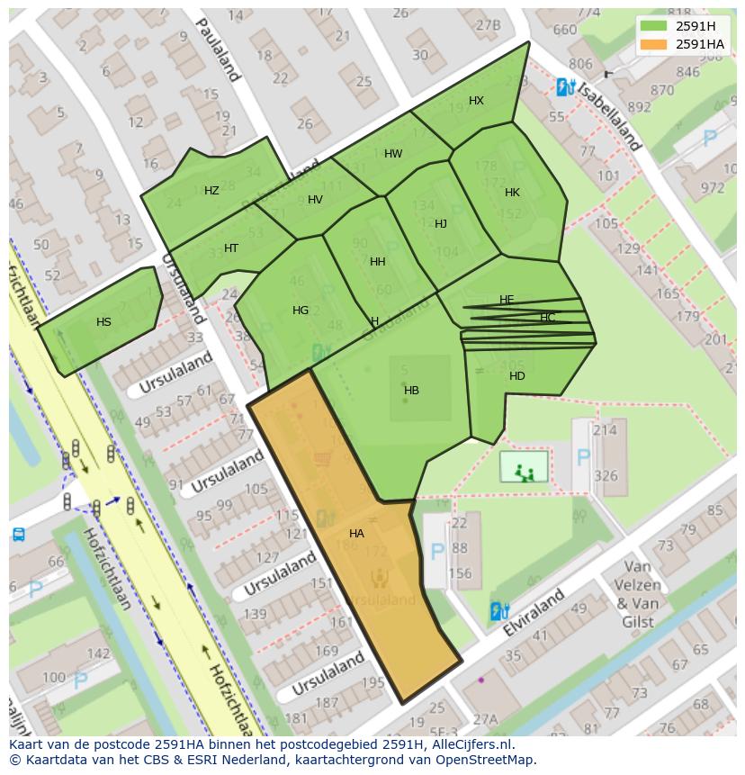Afbeelding van het postcodegebied 2591 HA op de kaart.