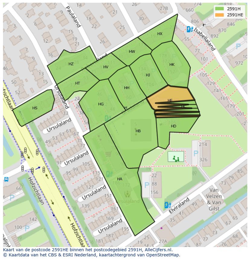Afbeelding van het postcodegebied 2591 HE op de kaart.