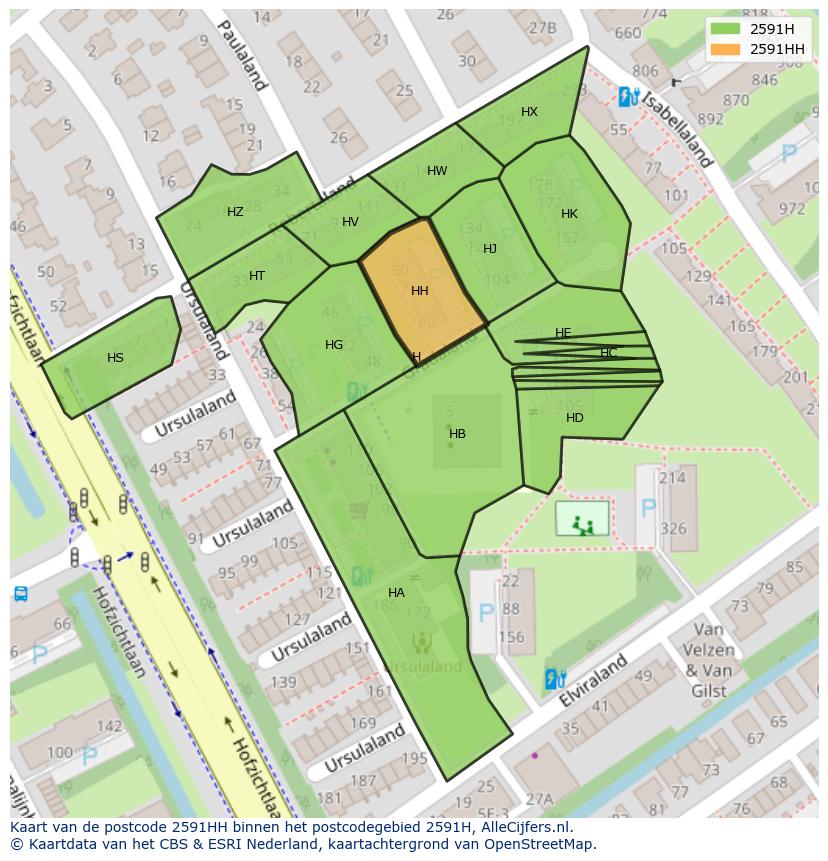 Afbeelding van het postcodegebied 2591 HH op de kaart.