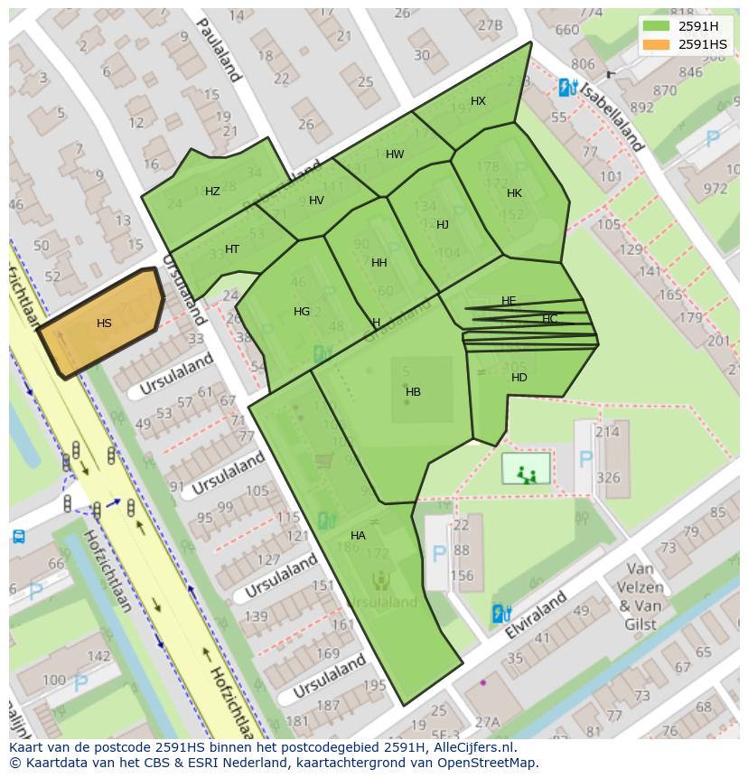 Afbeelding van het postcodegebied 2591 HS op de kaart.