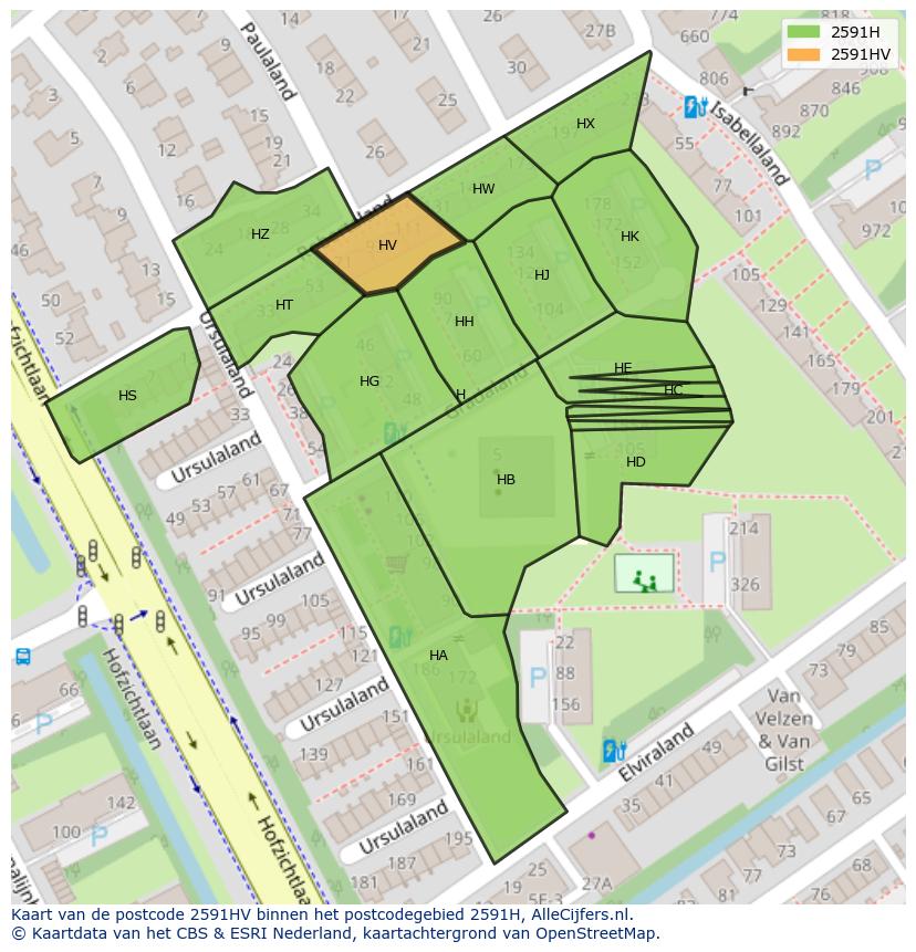 Afbeelding van het postcodegebied 2591 HV op de kaart.