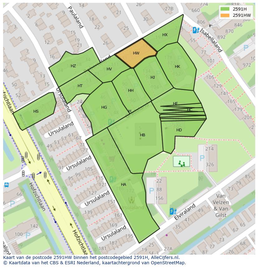 Afbeelding van het postcodegebied 2591 HW op de kaart.