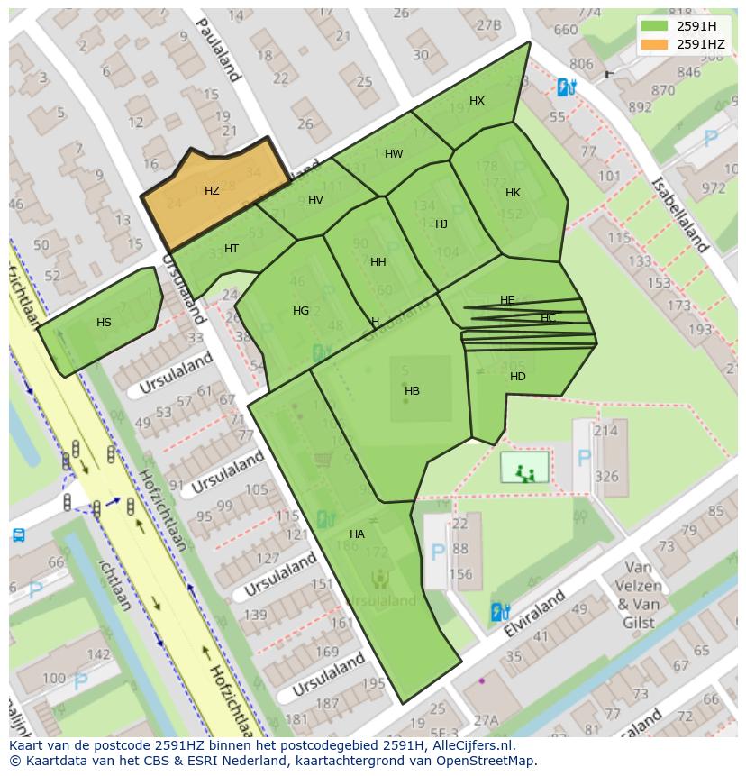 Afbeelding van het postcodegebied 2591 HZ op de kaart.