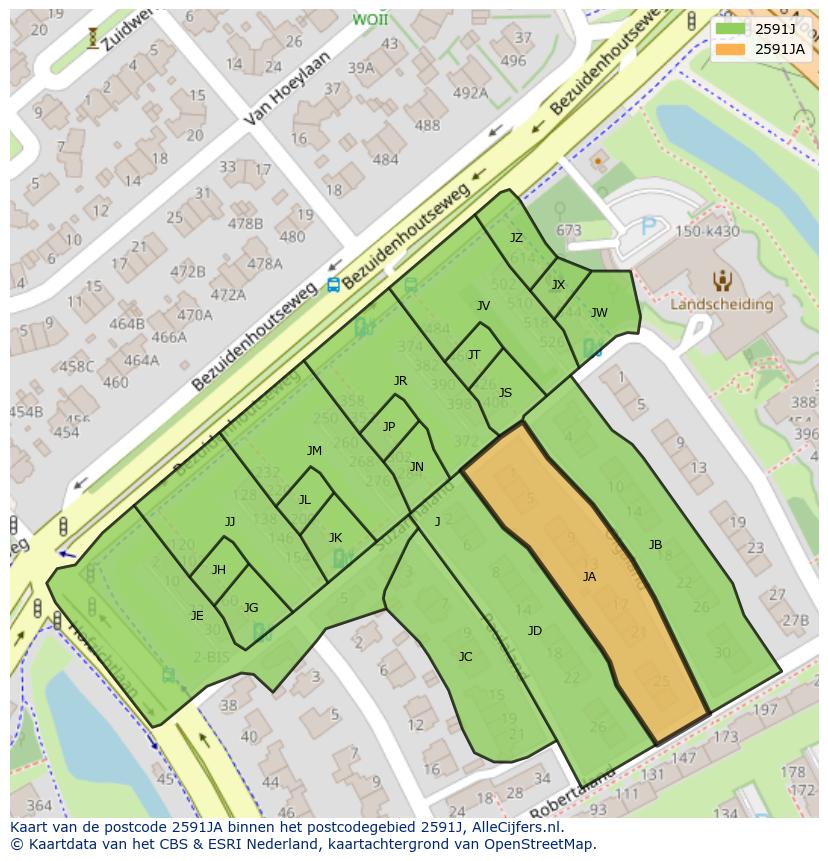 Afbeelding van het postcodegebied 2591 JA op de kaart.