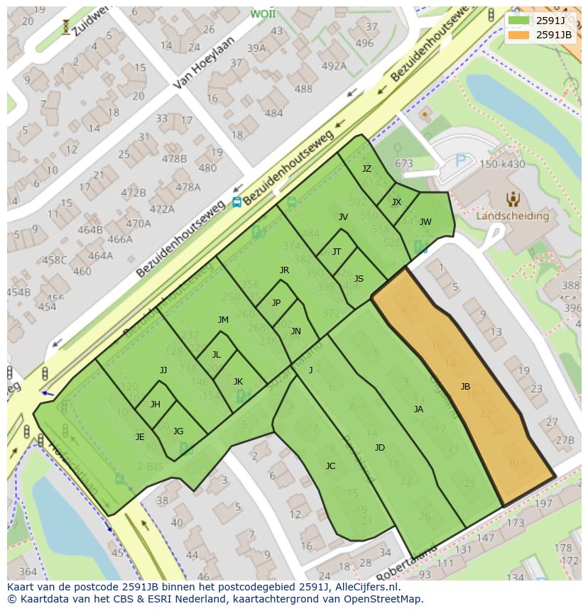 Afbeelding van het postcodegebied 2591 JB op de kaart.