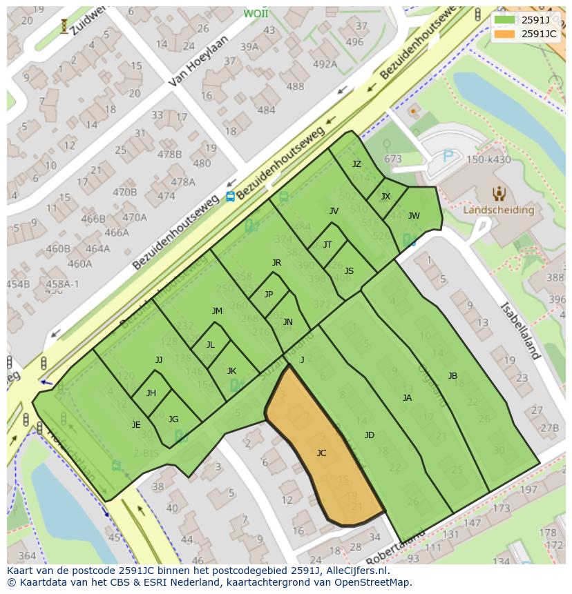 Afbeelding van het postcodegebied 2591 JC op de kaart.