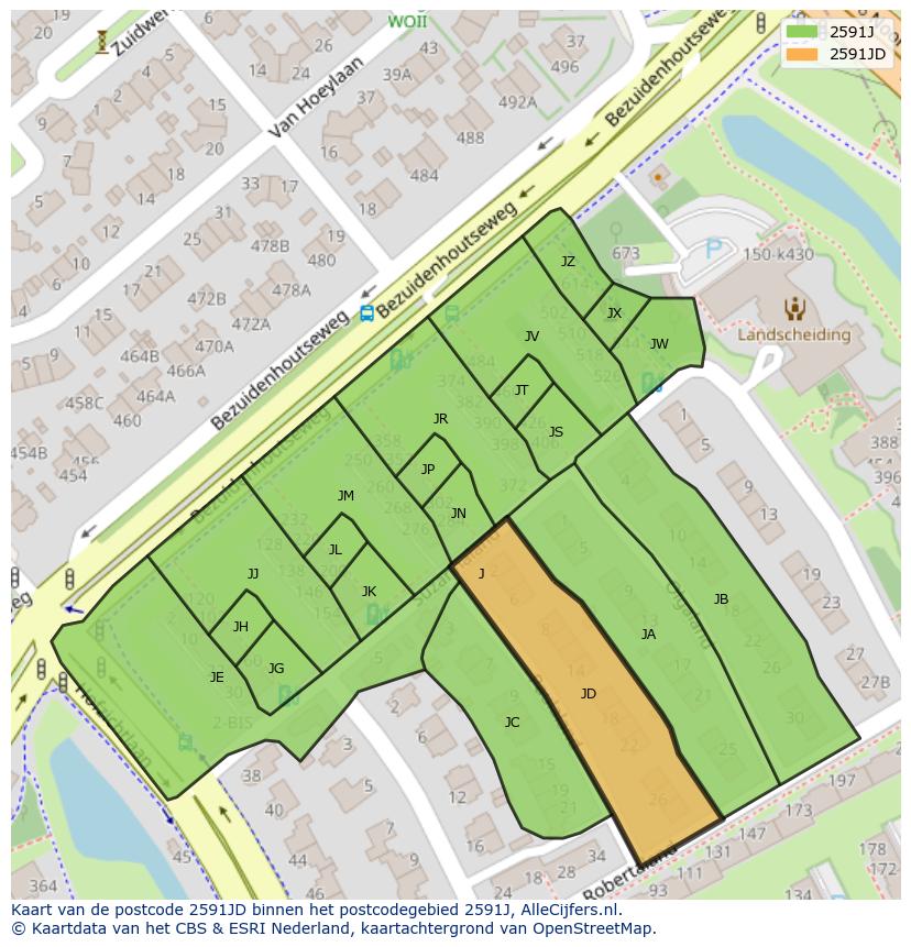 Afbeelding van het postcodegebied 2591 JD op de kaart.