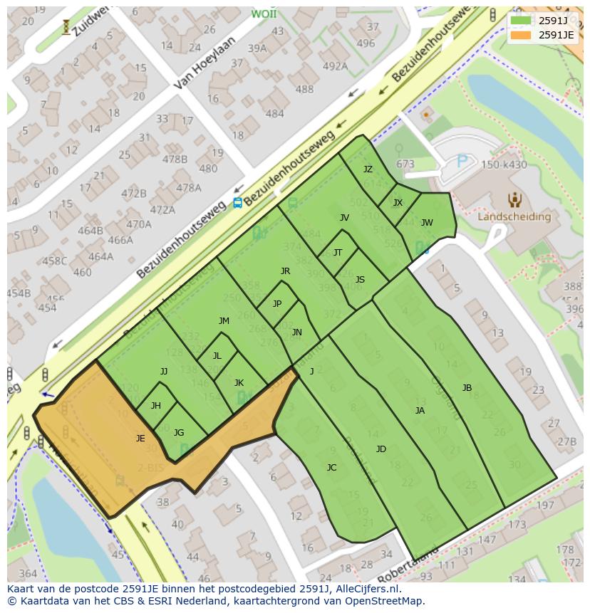 Afbeelding van het postcodegebied 2591 JE op de kaart.