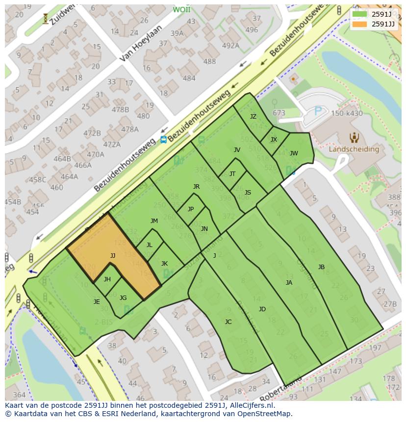 Afbeelding van het postcodegebied 2591 JJ op de kaart.