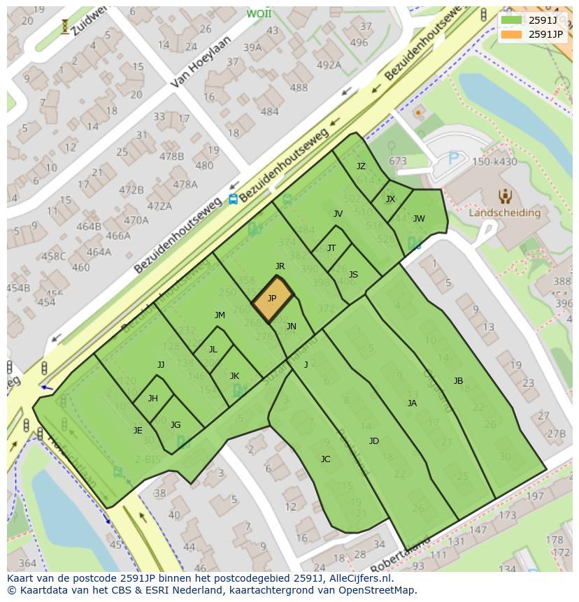Afbeelding van het postcodegebied 2591 JP op de kaart.