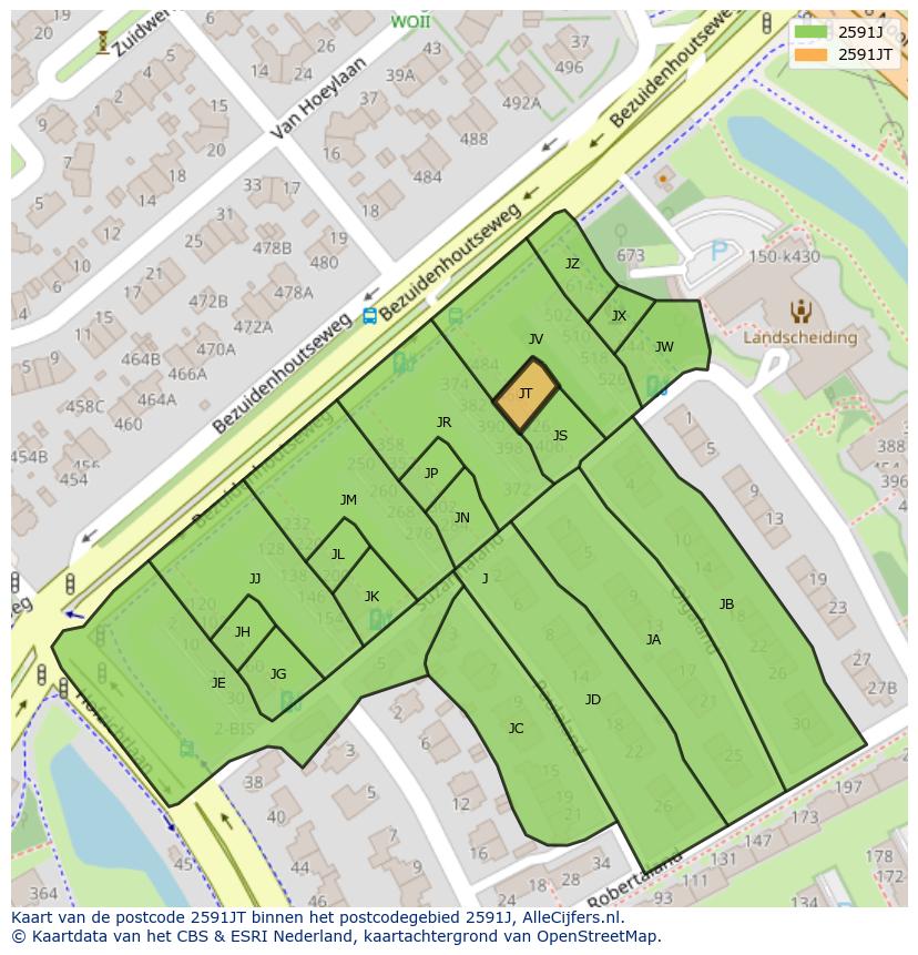 Afbeelding van het postcodegebied 2591 JT op de kaart.