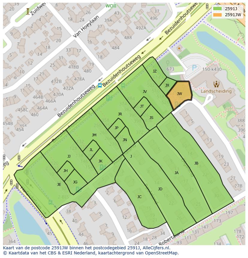 Afbeelding van het postcodegebied 2591 JW op de kaart.