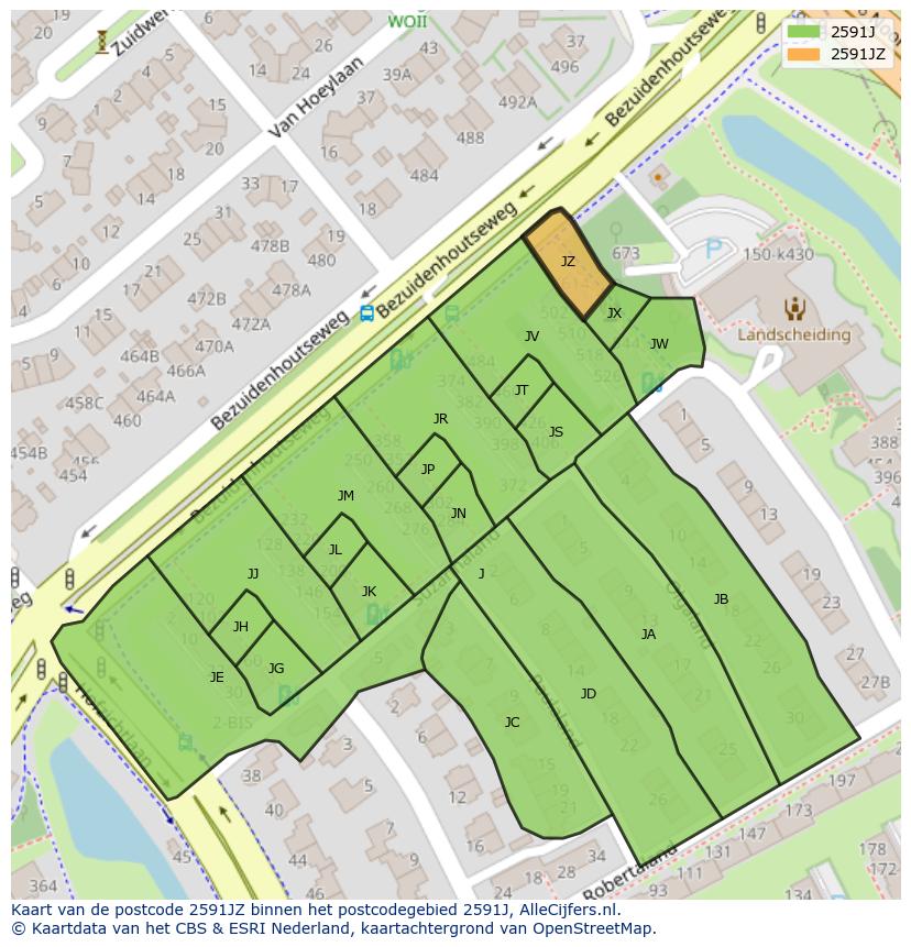 Afbeelding van het postcodegebied 2591 JZ op de kaart.