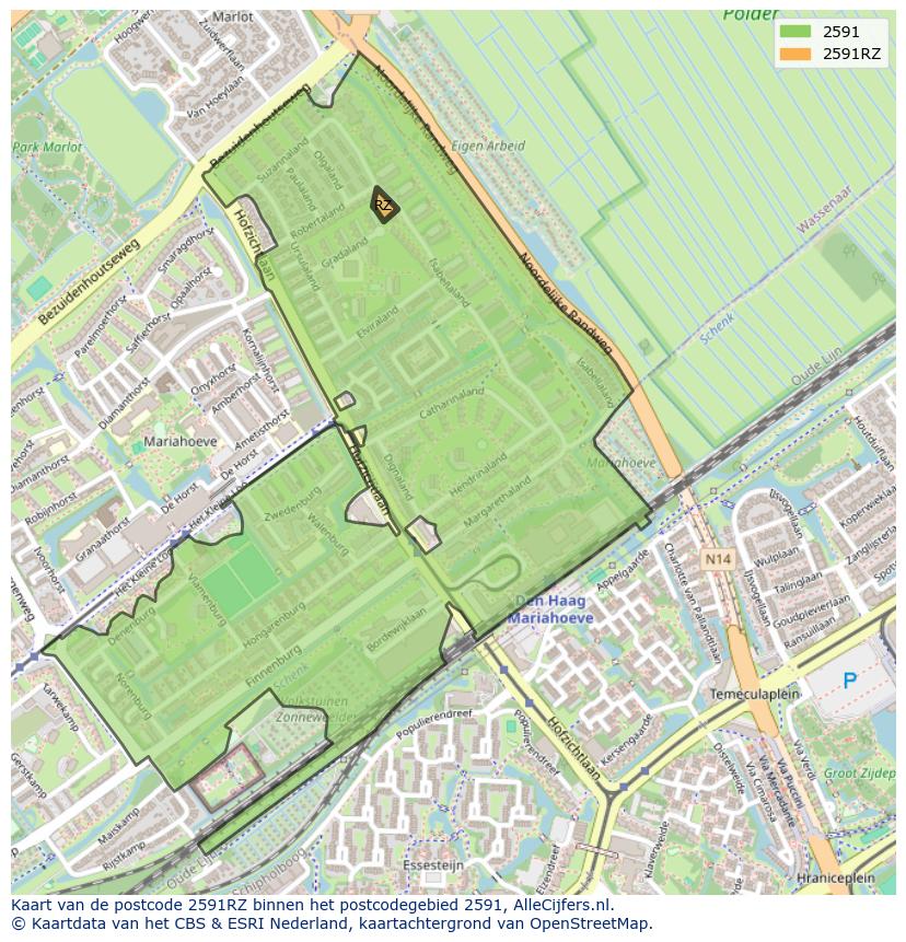 Afbeelding van het postcodegebied 2591 RZ op de kaart.