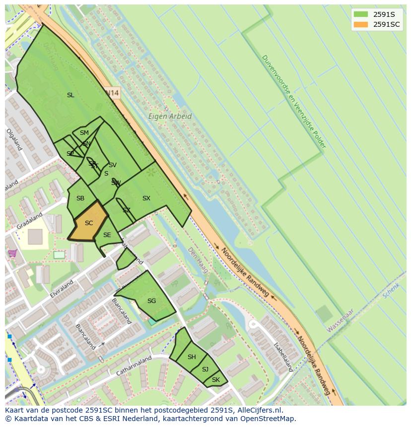 Afbeelding van het postcodegebied 2591 SC op de kaart.