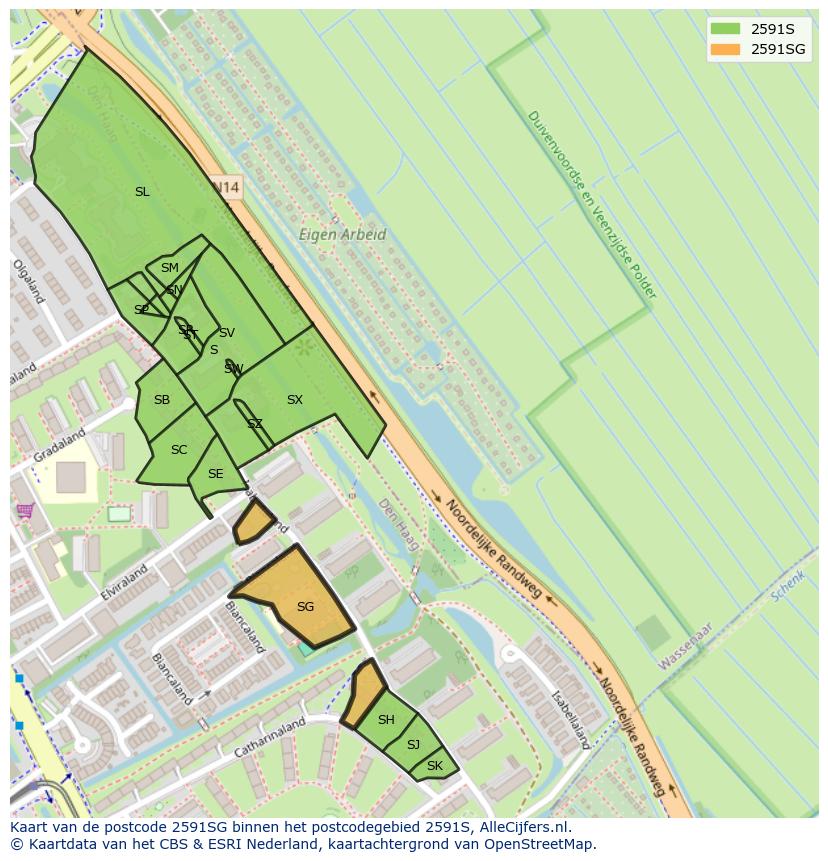Afbeelding van het postcodegebied 2591 SG op de kaart.
