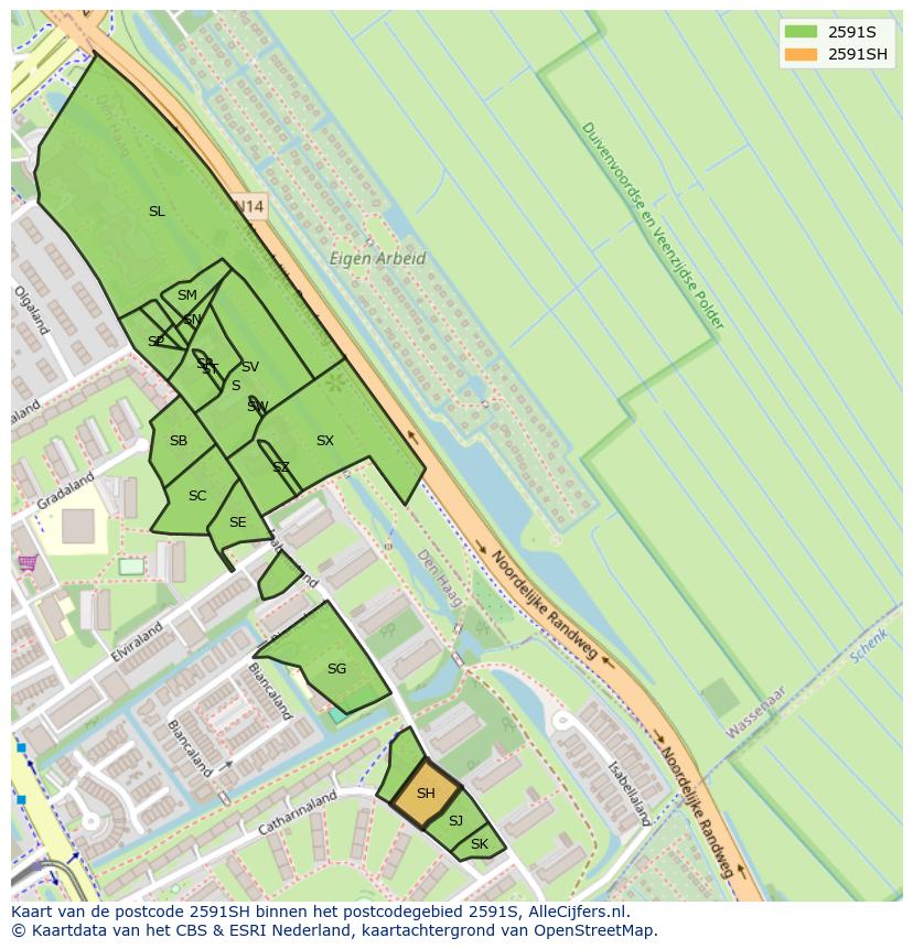 Afbeelding van het postcodegebied 2591 SH op de kaart.