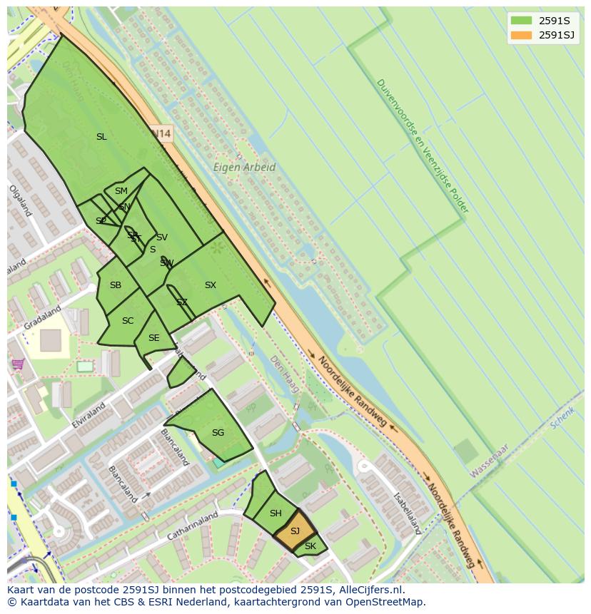 Afbeelding van het postcodegebied 2591 SJ op de kaart.