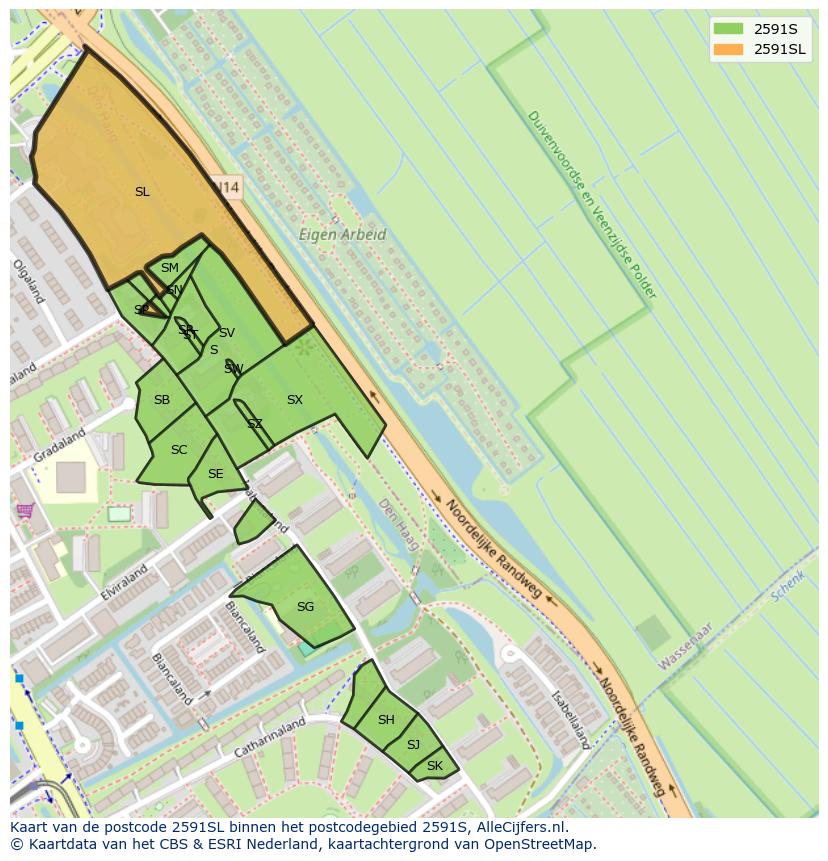 Afbeelding van het postcodegebied 2591 SL op de kaart.