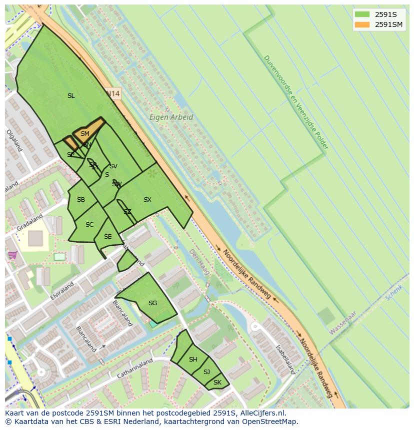 Afbeelding van het postcodegebied 2591 SM op de kaart.