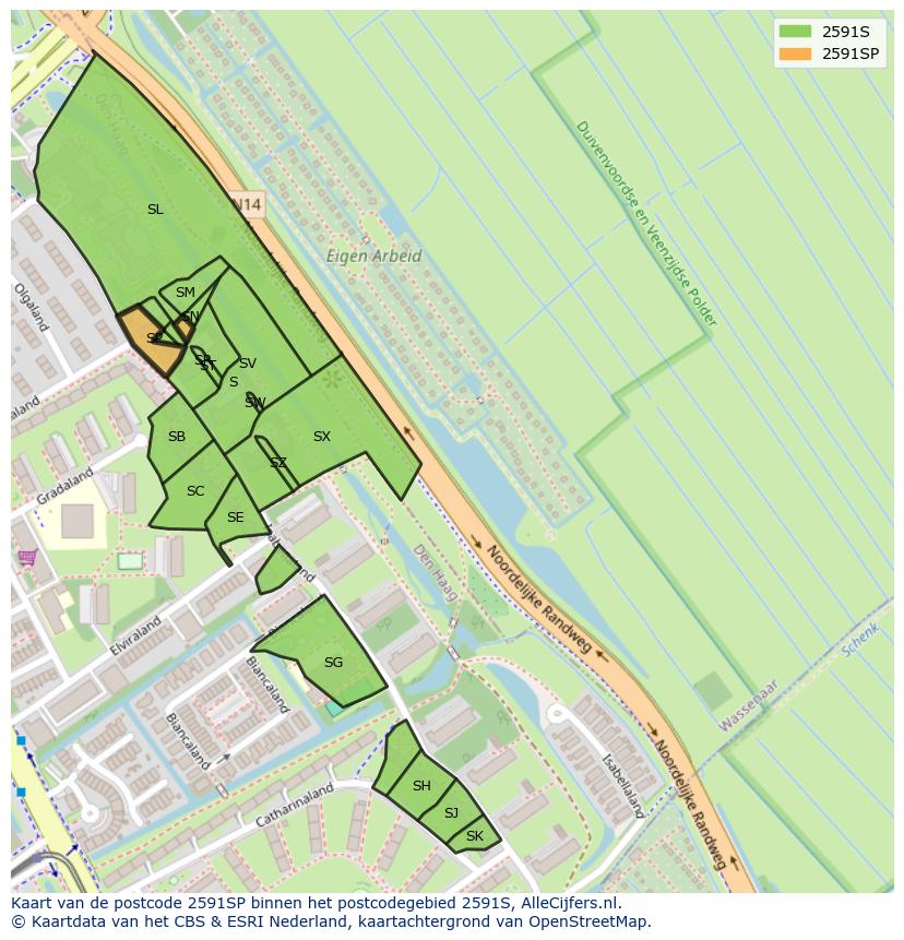 Afbeelding van het postcodegebied 2591 SP op de kaart.