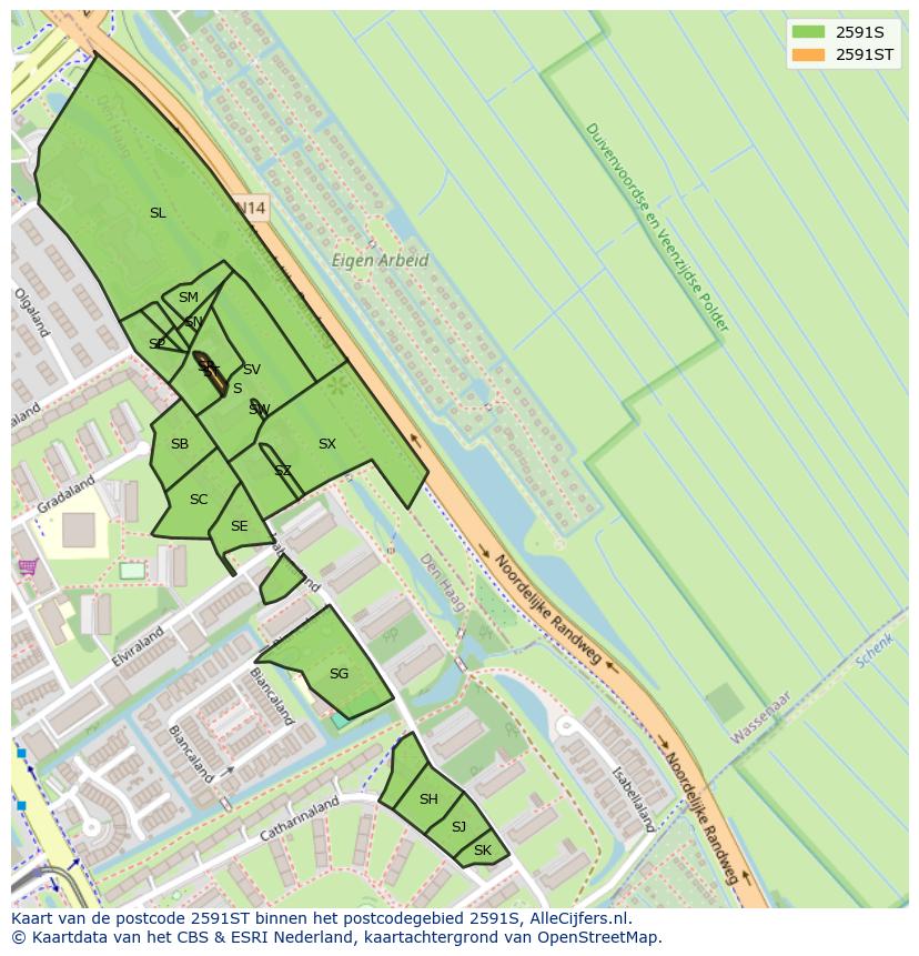 Afbeelding van het postcodegebied 2591 ST op de kaart.