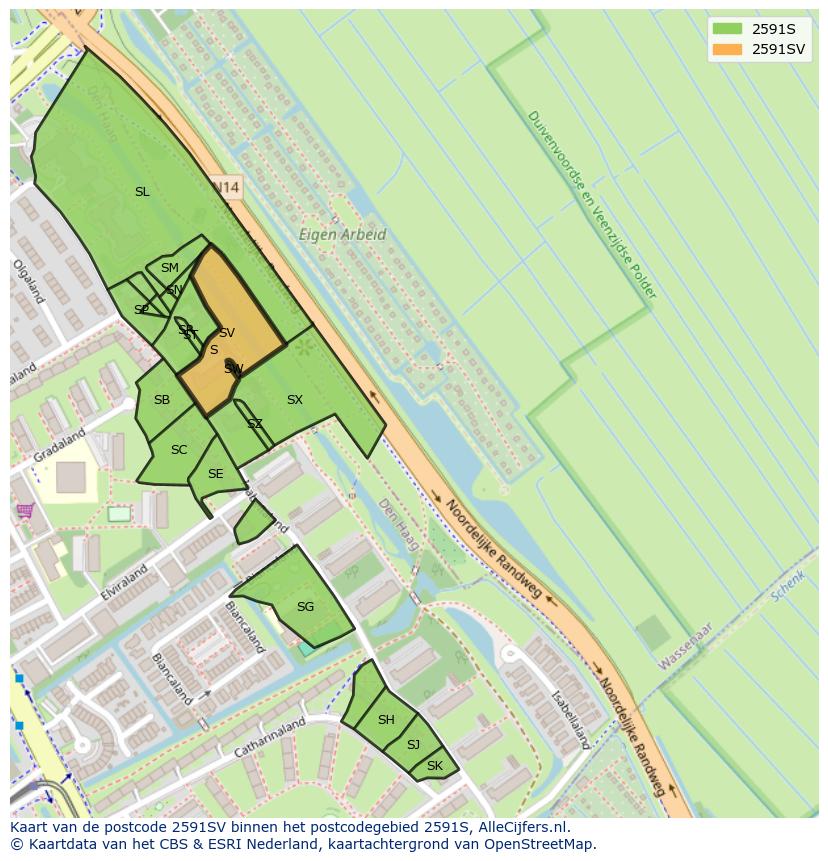 Afbeelding van het postcodegebied 2591 SV op de kaart.
