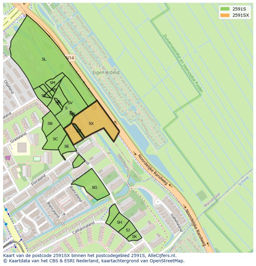Afbeelding van het postcodegebied 2591 SX op de kaart.