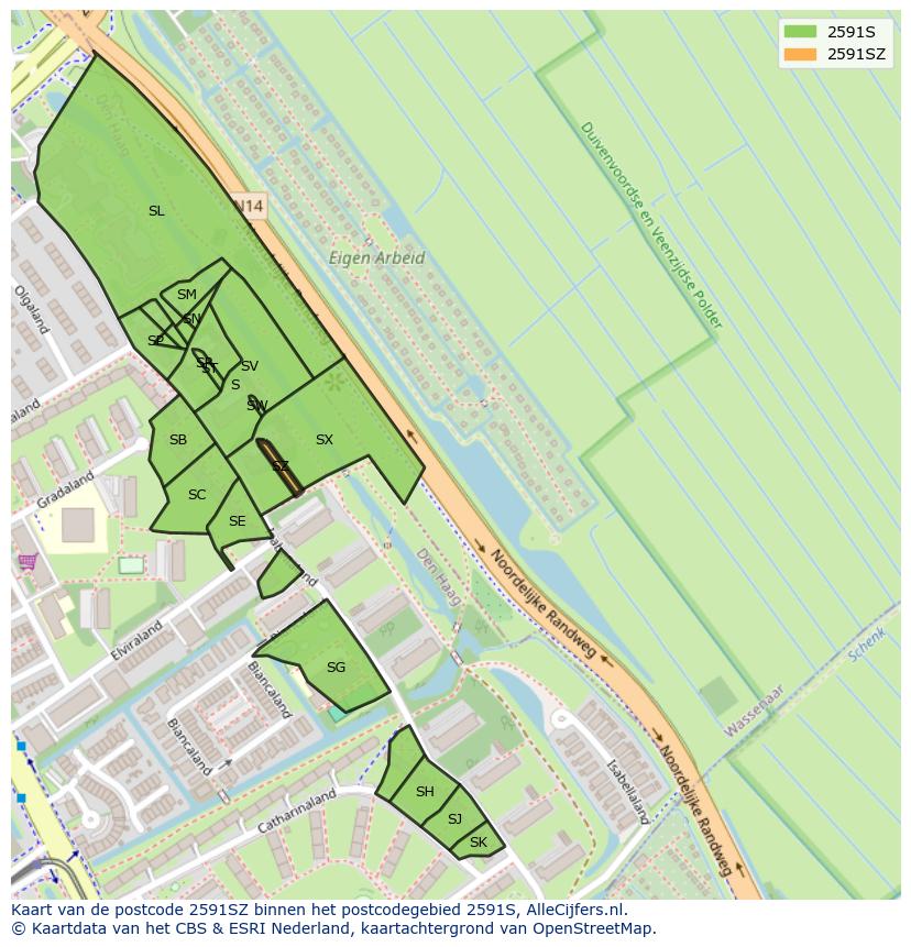 Afbeelding van het postcodegebied 2591 SZ op de kaart.