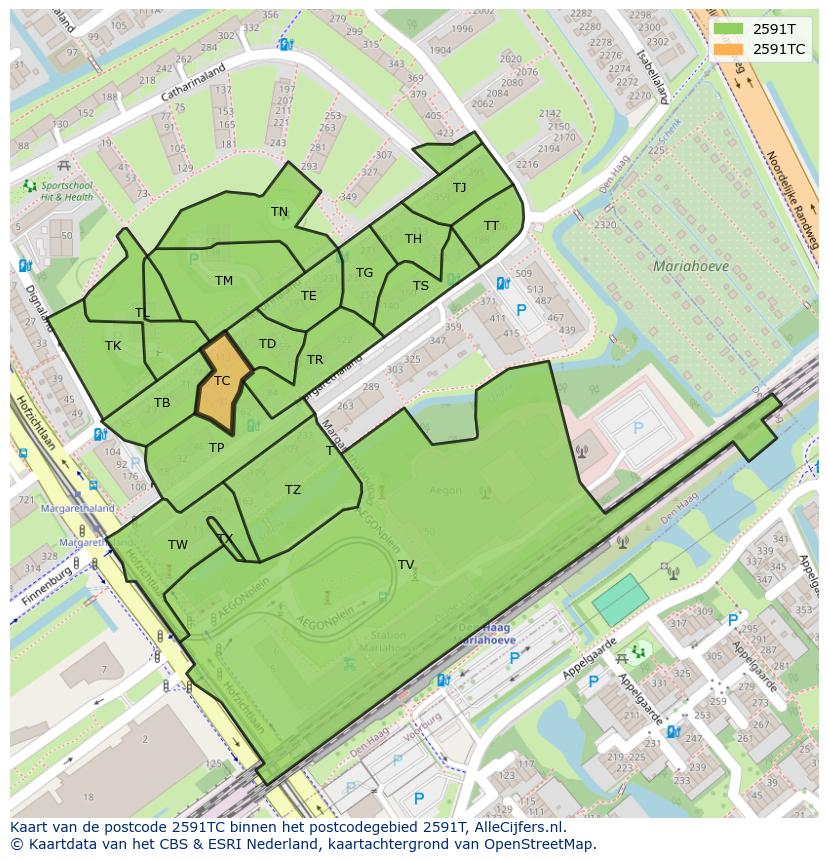 Afbeelding van het postcodegebied 2591 TC op de kaart.