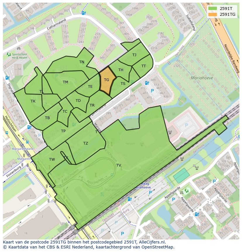 Afbeelding van het postcodegebied 2591 TG op de kaart.