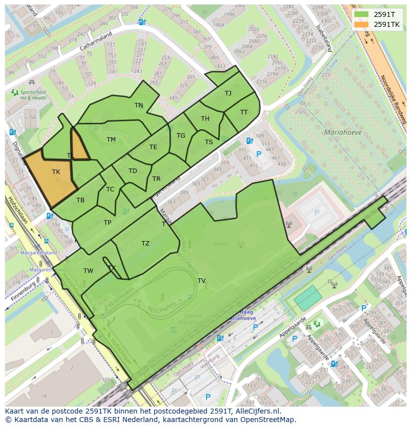Afbeelding van het postcodegebied 2591 TK op de kaart.