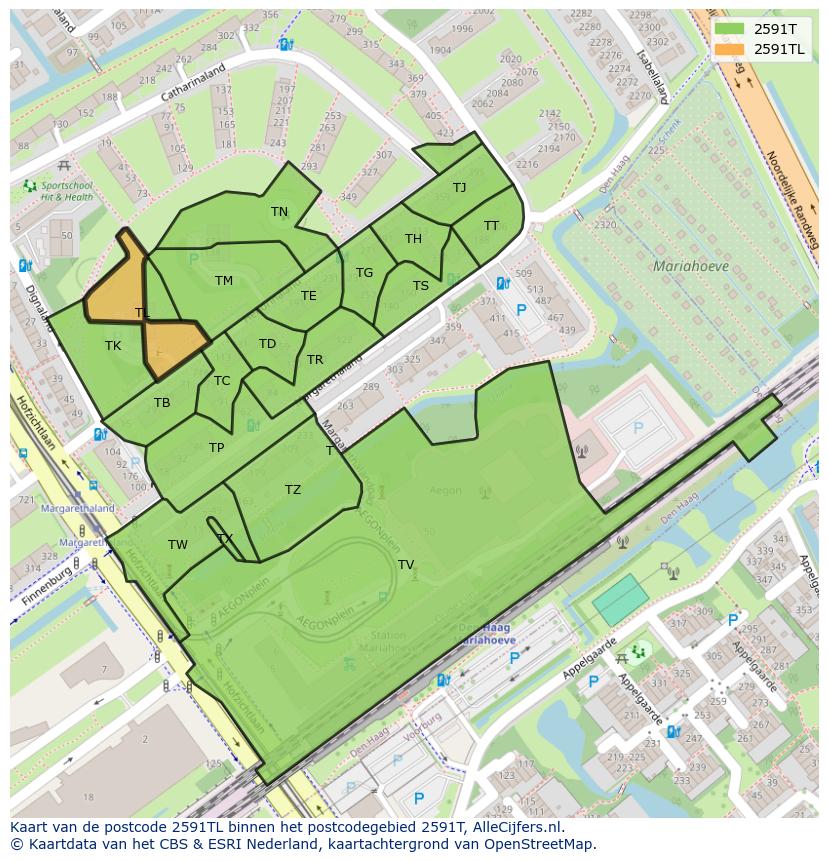 Afbeelding van het postcodegebied 2591 TL op de kaart.