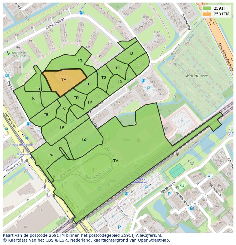 Afbeelding van het postcodegebied 2591 TM op de kaart.