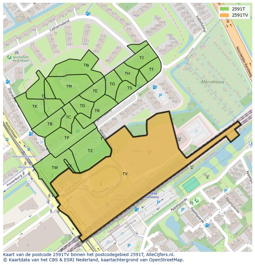 Afbeelding van het postcodegebied 2591 TV op de kaart.