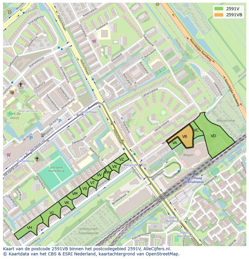 Afbeelding van het postcodegebied 2591 VB op de kaart.