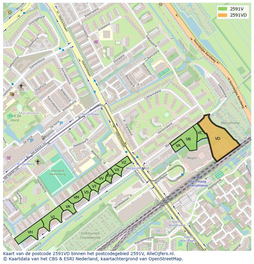 Afbeelding van het postcodegebied 2591 VD op de kaart.