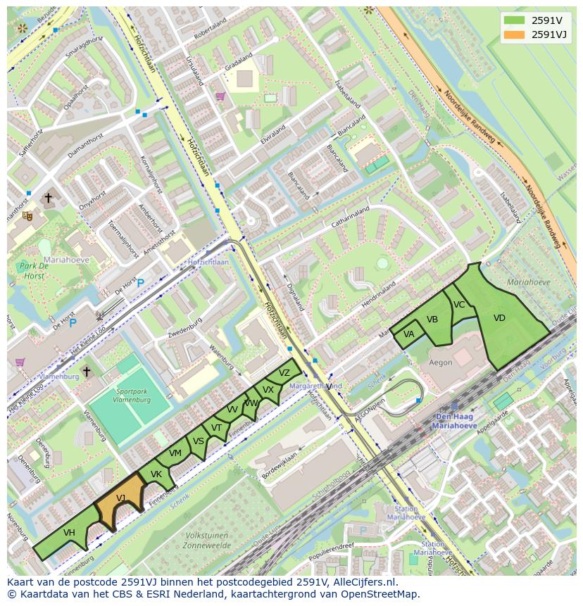 Afbeelding van het postcodegebied 2591 VJ op de kaart.