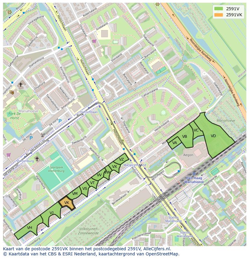 Afbeelding van het postcodegebied 2591 VK op de kaart.