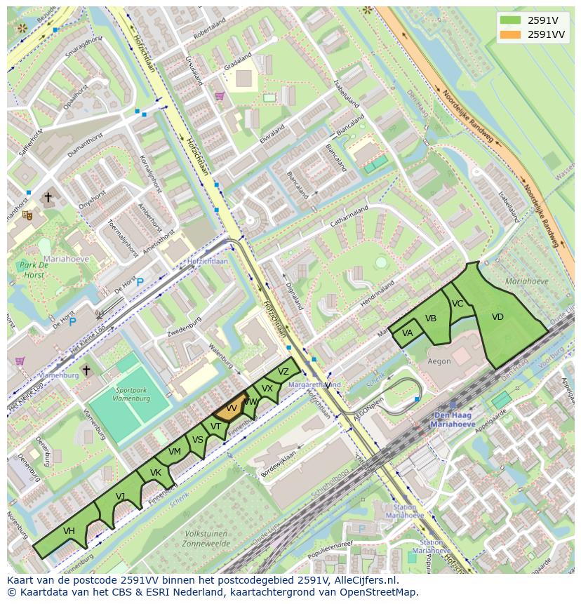 Afbeelding van het postcodegebied 2591 VV op de kaart.