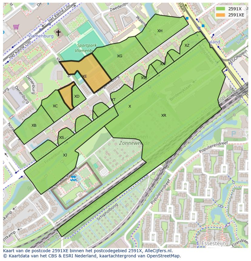 Afbeelding van het postcodegebied 2591 XE op de kaart.