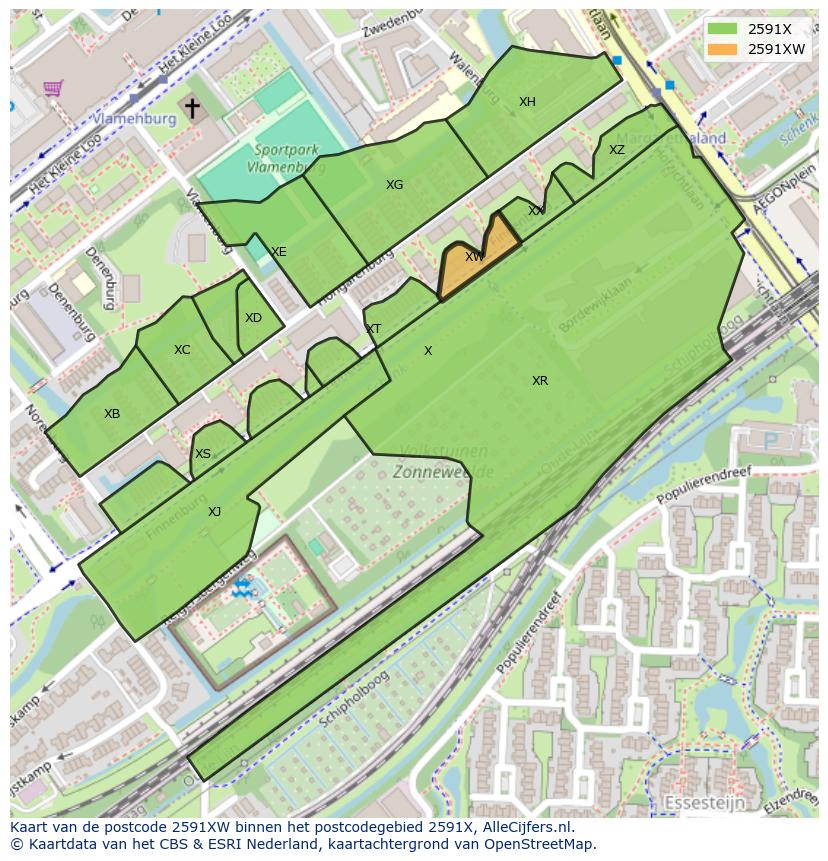 Afbeelding van het postcodegebied 2591 XW op de kaart.