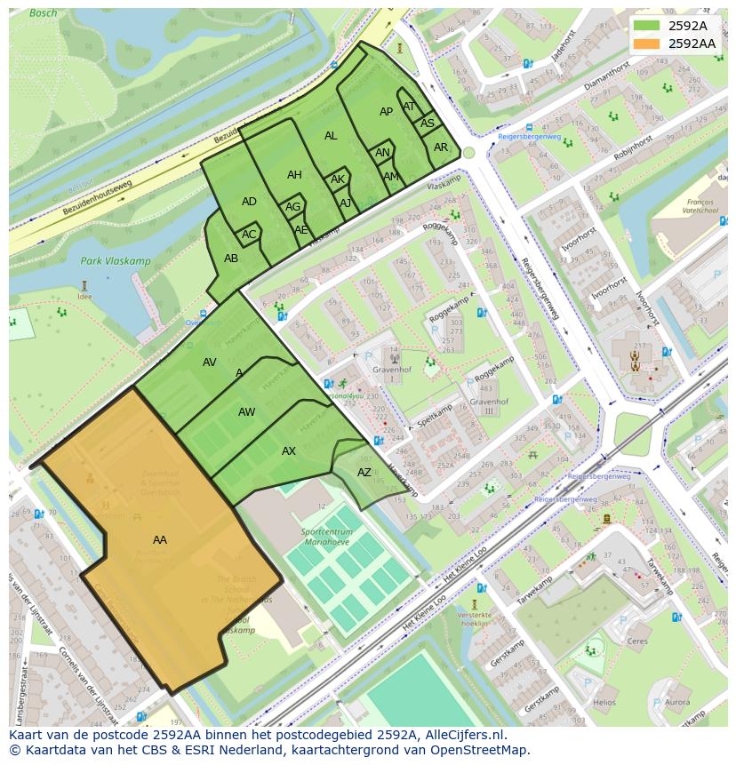 Afbeelding van het postcodegebied 2592 AA op de kaart.