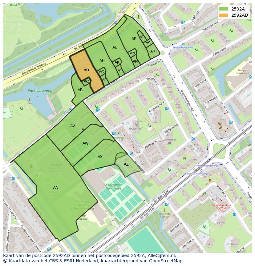 Afbeelding van het postcodegebied 2592 AD op de kaart.